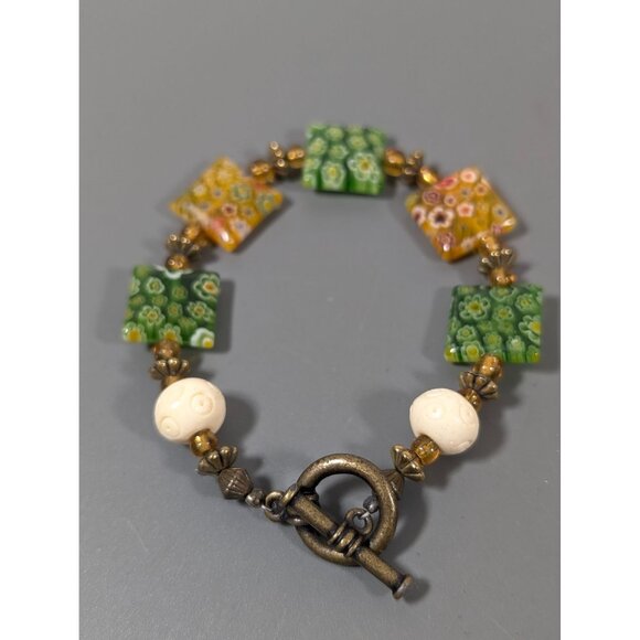 Bronze Tone Green Yellow Millefiori Glass Square Bead Bracelet 7" - Picture 1 of 7